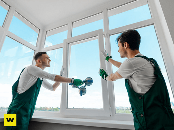 Zwei Handwerker bauen ein modernes Fenster mit Spezialwerkzeug in einem hellen Raum ein.